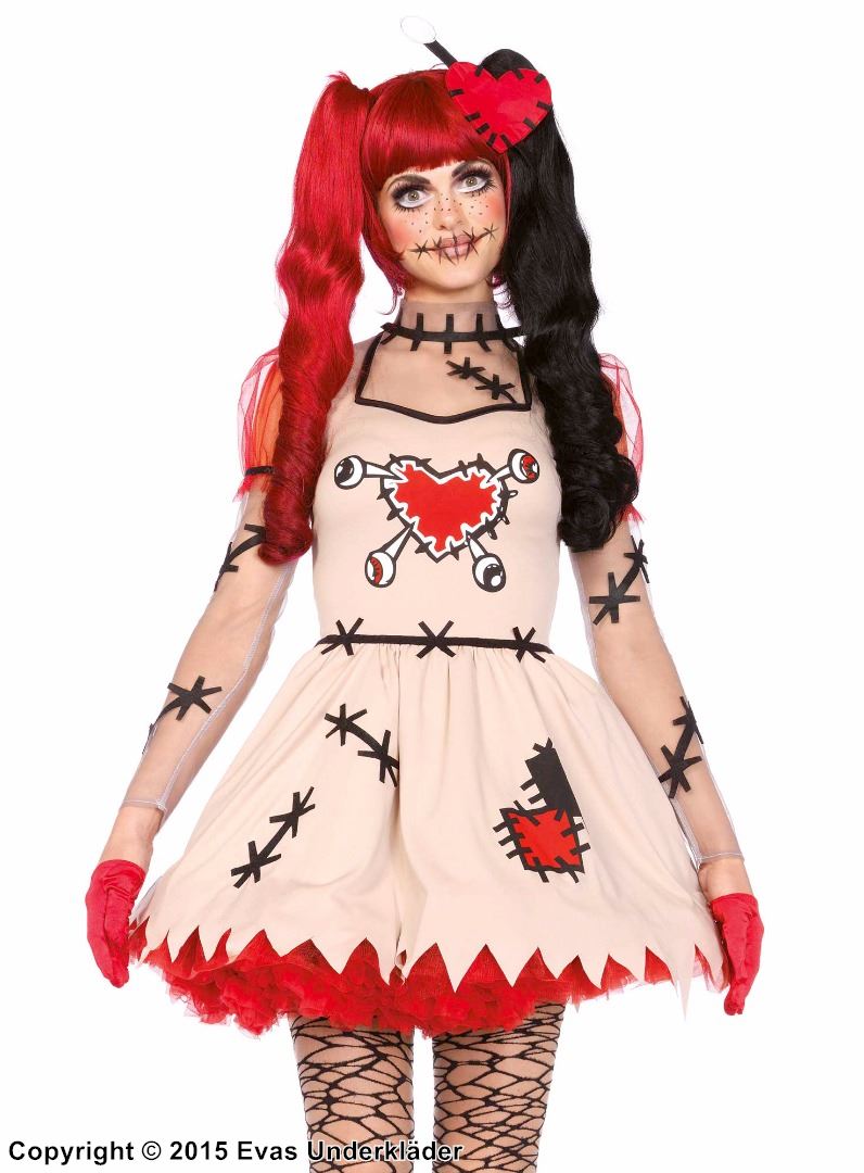 Voodoo-docka, maskeradklänning med puffärmar, stygn och hjärta